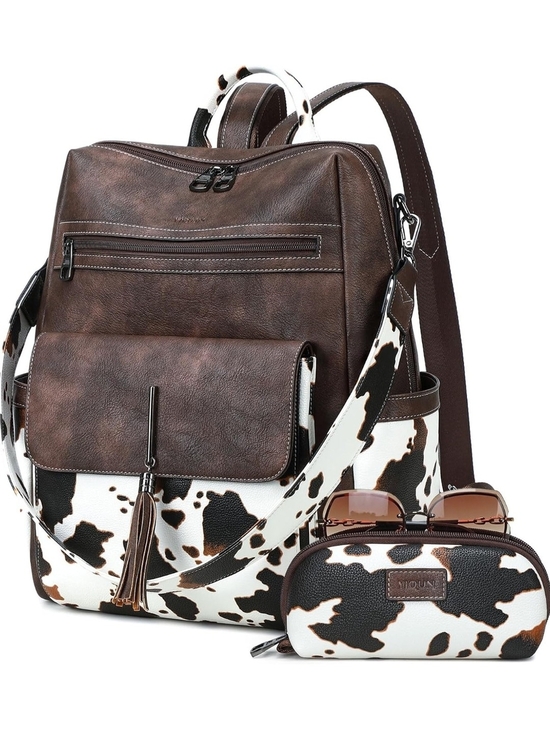 Brown Leather Backpack with Cowhide Print Accent main image 2